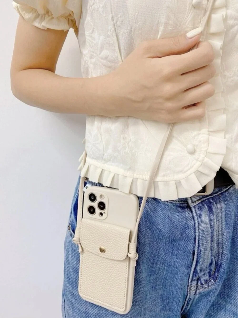 Card Slot & Strap Decor Case Compatible With iPhone Beige / 11 Pro Max